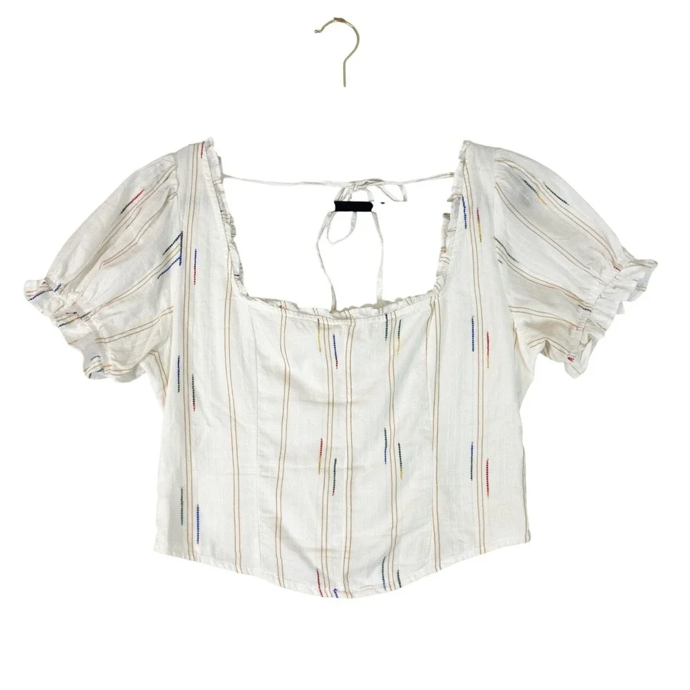 Free People Seratonin Corset Top Sz L White Smocked Puff Sleeve Boho Cottagecore
